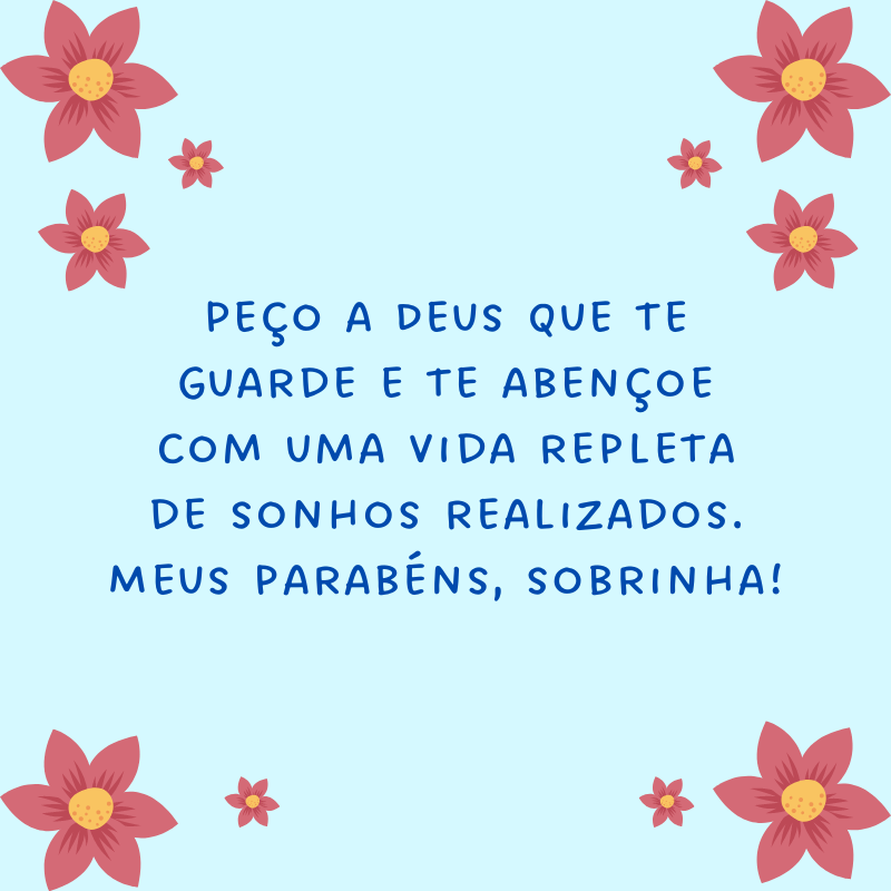 Peço a Deus que te guarde e te abençoe com uma vida repleta de sonhos realizados. Meus parabéns, sobrinha!