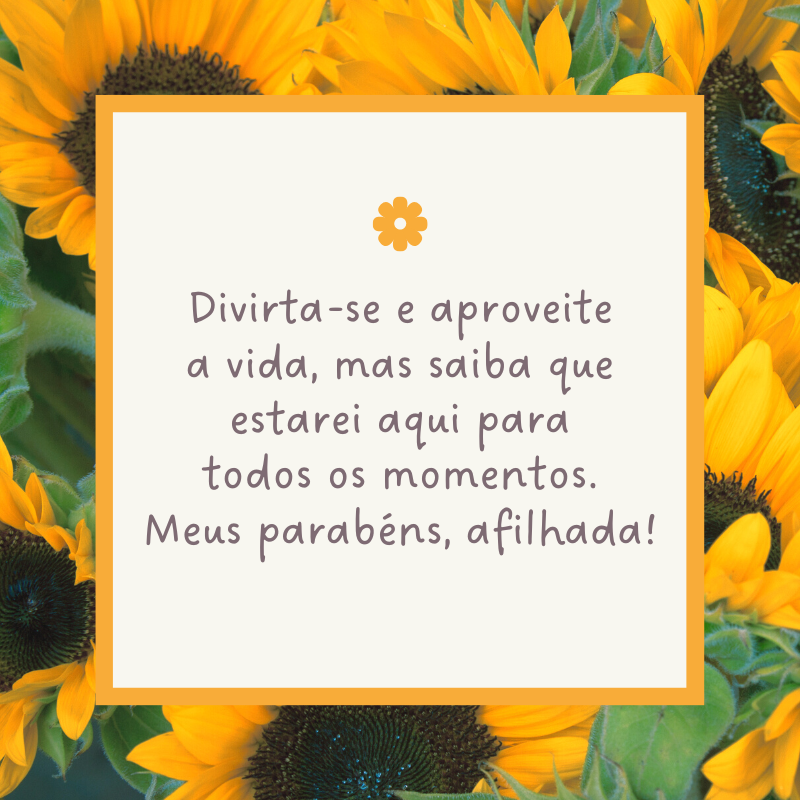 Divirta-se e aproveite a vida, mas saiba que estarei aqui para todos os momentos. Meus parabéns, afilhada!