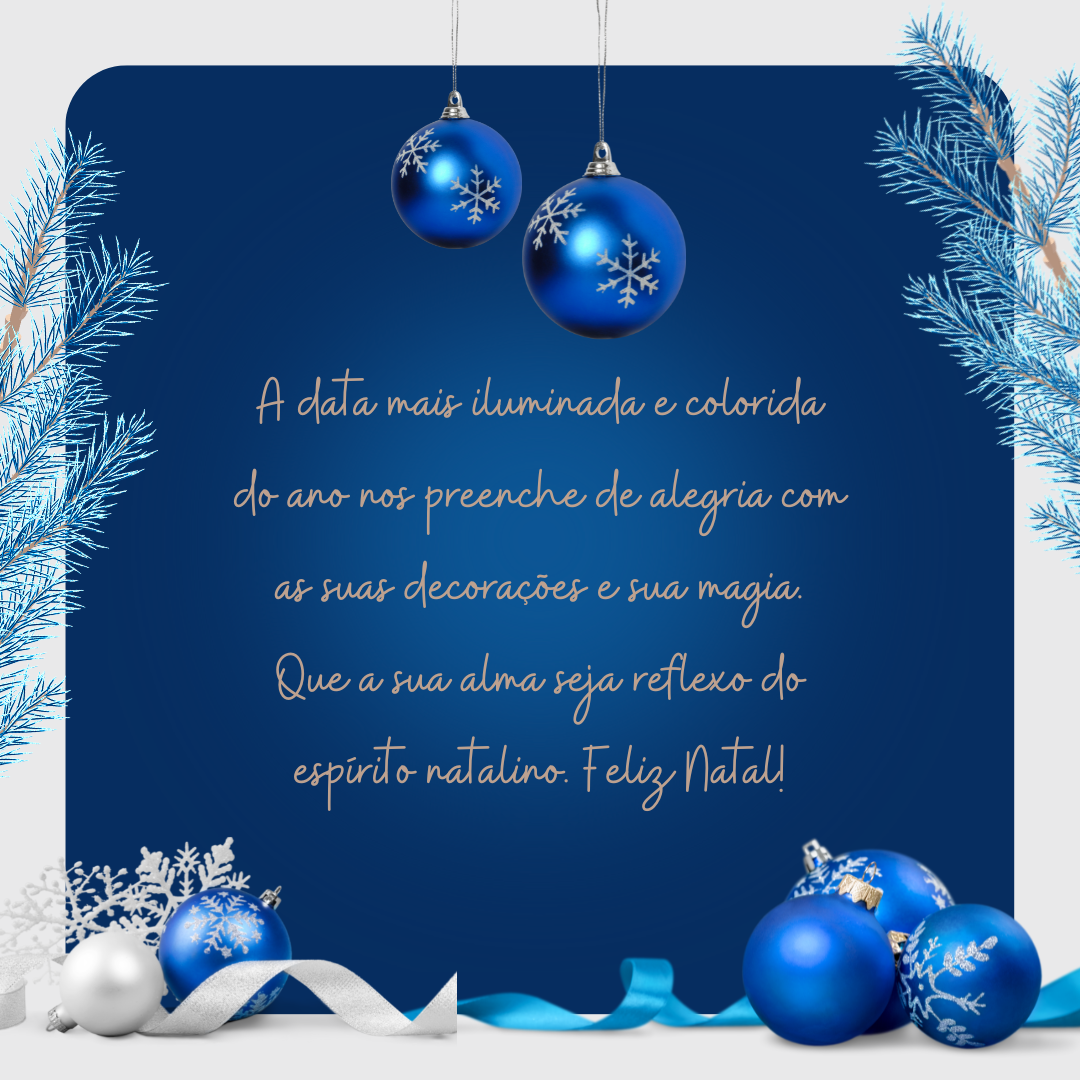 A data mais iluminada e colorida do ano nos preenche de alegria com as suas decorações e sua magia. Que a sua alma seja reflexo do espírito natalino. Feliz Natal!