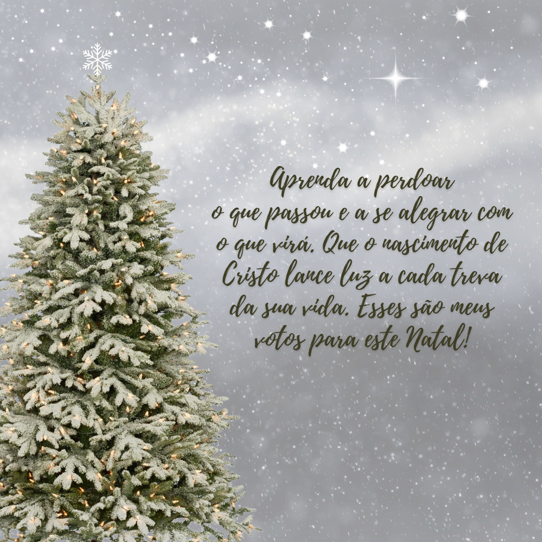 Aprenda a perdoar o que passou e a se alegrar com o que virá. Que o nascimento de Cristo lance luz a cada treva da sua vida. Esses são meus votos para este Natal!