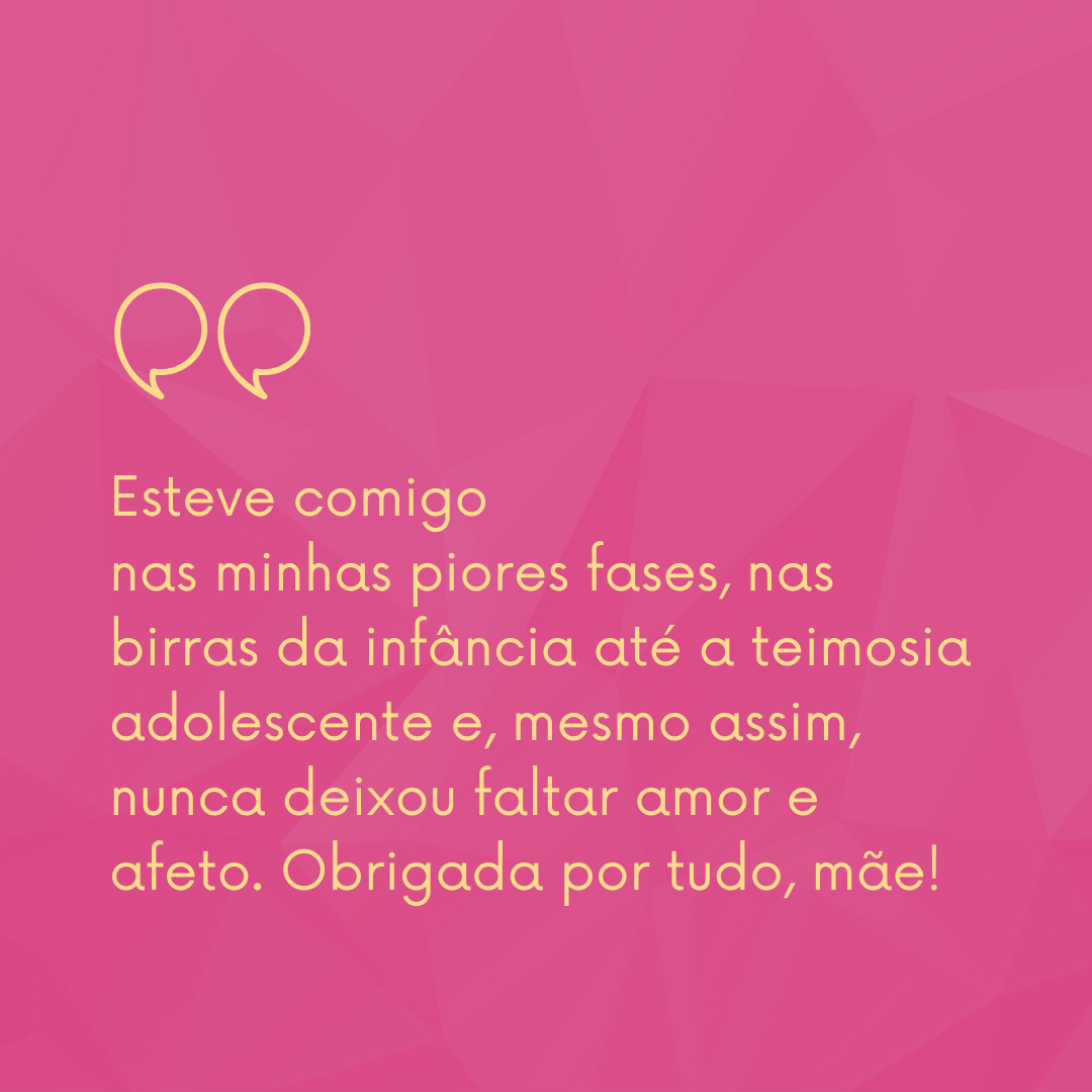 Esteve comigo nas minhas piores fases, nas birras da infância até a teimosia adolescente e, mesmo assim, nunca deixou faltar amor e afeto. Obrigada por tudo, mãe!