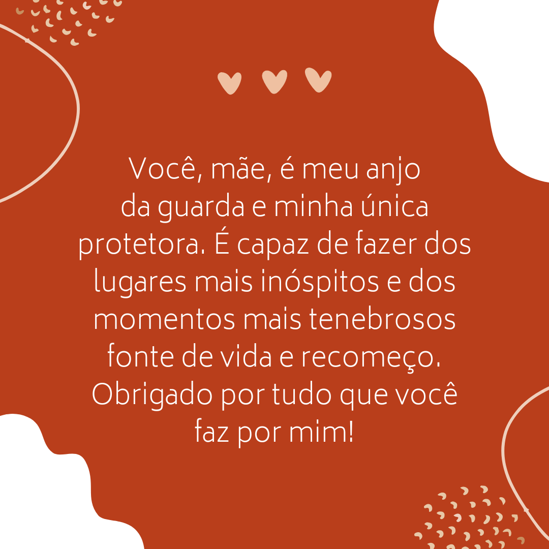 Você, mãe, é meu anjo da guarda e minha única protetora. É capaz de fazer dos lugares mais inóspitos e dos momentos mais tenebrosos fonte de vida e recomeço. Obrigado por tudo que você faz por mim!