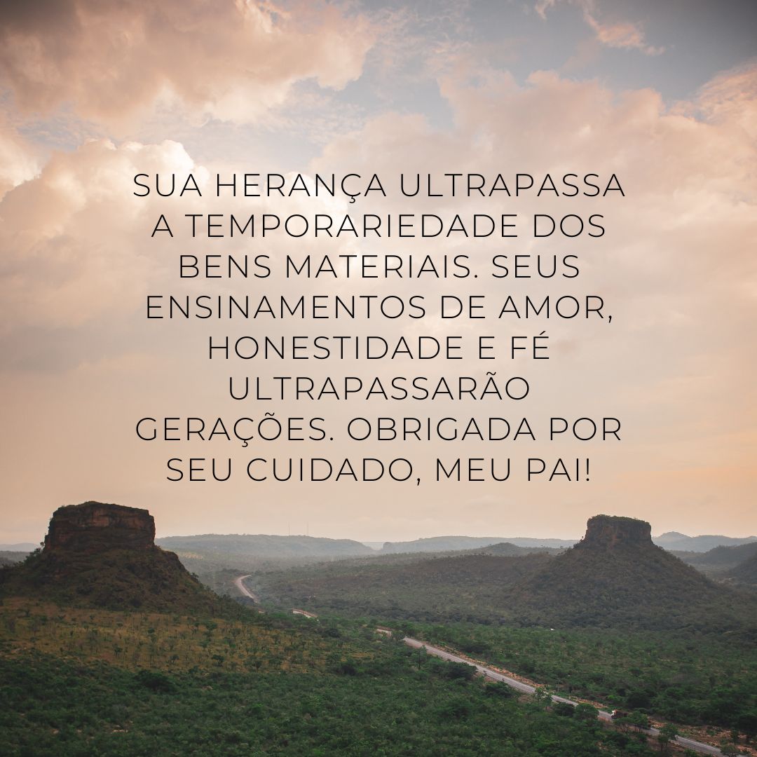 Sua herança ultrapassa a temporariedade dos bens materiais. Seus ensinamentos de amor, honestidade e fé ultrapassarão gerações. Obrigada por seu cuidado, meu pai!