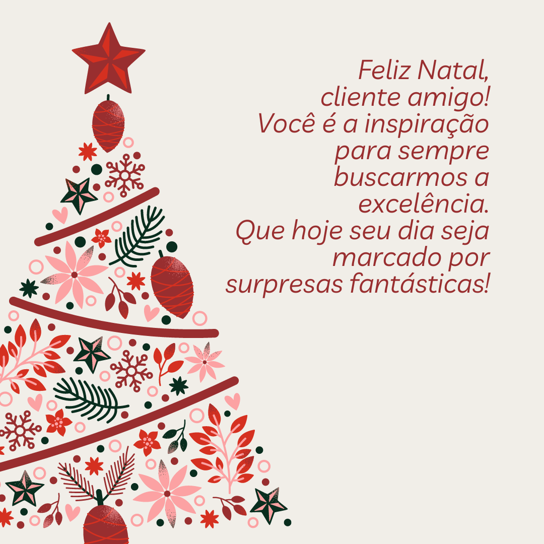 Feliz Natal, cliente amigo! Você é a inspiração para sempre buscarmos a excelência. Que hoje seu dia seja marcado por surpresas fantásticas!