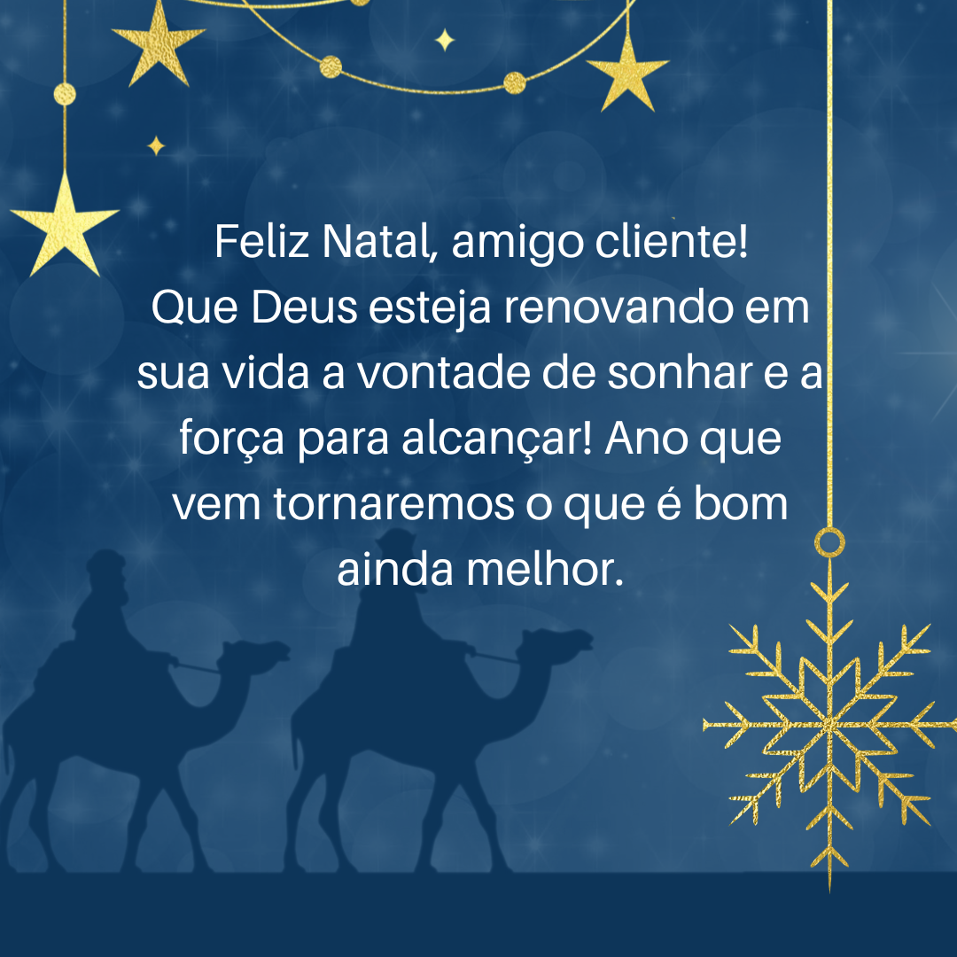 Feliz Natal, amigo cliente! Que Deus esteja renovando em sua vida a vontade de sonhar e a força para alcançar! Ano que vem tornaremos o que é bom ainda melhor.